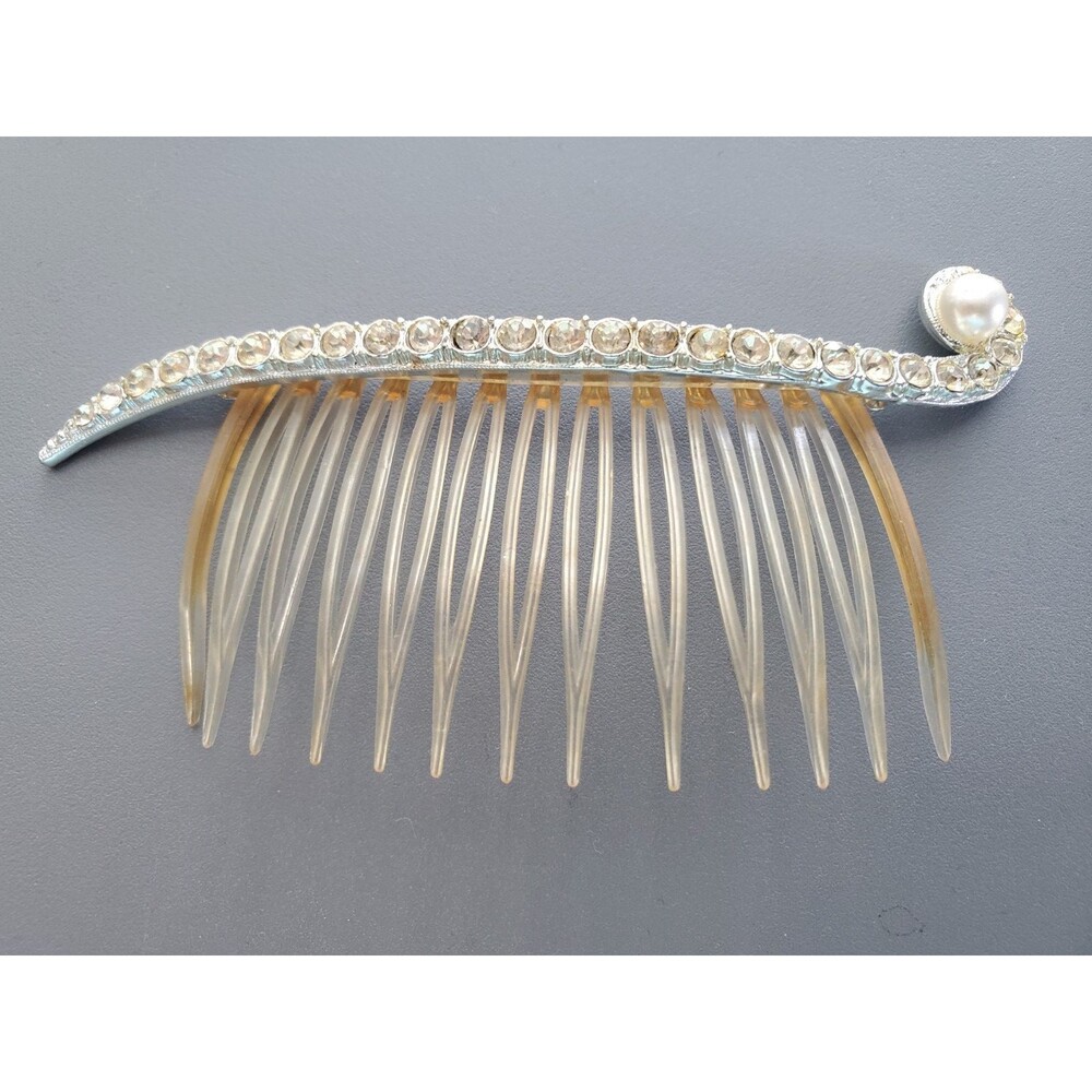 Vintage Curved Side Hair Comb with Clear Rhinestones and Faux Pearl Accent